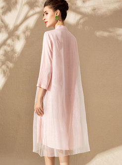 Pink Three Quarters Sleeve Embroidered A Line Dress