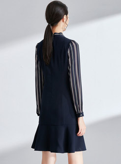Elegant Striped Splicing Tie-collar Slim Falbala Dress