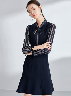 Elegant Striped Splicing Tie-collar Slim Falbala Dress