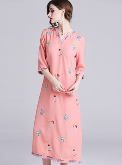Pink V-neck Half Sleeve Spring Loose Dress