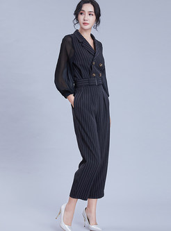 Striped Double-breasted Slim Coat & Casual Harem Pants