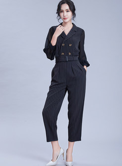 Striped Double-breasted Slim Coat & Casual Harem Pants