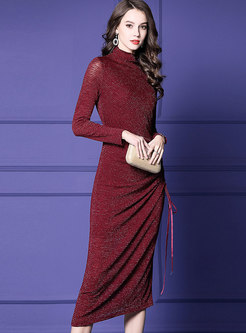 Wine Red Turtle Neck Cinched Bottoming Dress