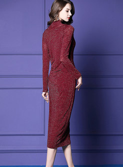 Wine Red Turtle Neck Cinched Bottoming Dress