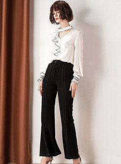 Chic Hollow Out Falbala Blouse & High Waist Slit Flare Pants