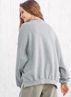 O-neck Loose Print Pullover Slit Cotton Sweatshirt