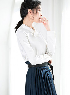 Casual White Tie-neck Long Sleeve Pullover Blouse