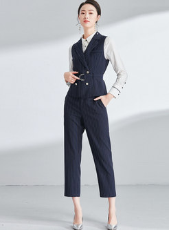 Striped Turn Down Collar Belted Vest & Striped Straight Pants