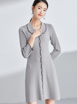 Elegant Color-blocked Lapel Beaded Slim Knitted Mini Dress