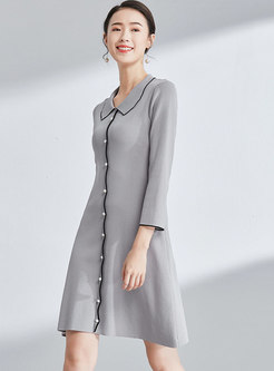 Elegant Color-blocked Lapel Beaded Slim Knitted Mini Dress