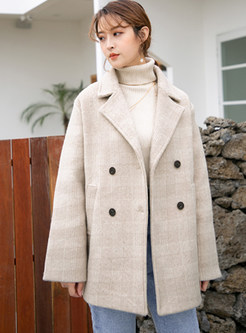 Notched Double-breasted Plaid Loose Woolen Coat