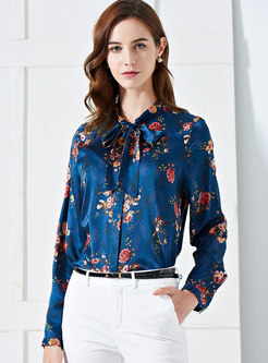 Chic Print Stand Collar Bowknot Slim Blouse