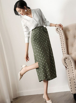 Fashion Polka Dot High Waist Belted Slit Skirt