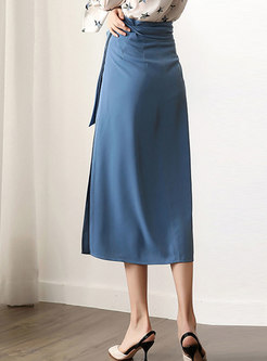 Pure Color High Waist Belted A Line Skirt