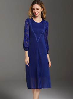 O-neck Solid Color Lace Sleeve Pleated Dress