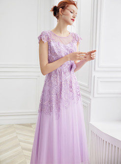 Sweet Purple Mesh Waist Ankle-length Maxi Dress