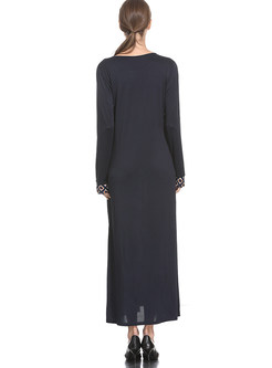 Retro O-neck Long Sleeve Plus Size Plaid Print Maxi Dress