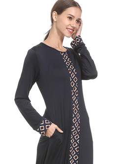 Retro O-neck Long Sleeve Plus Size Plaid Print Maxi Dress