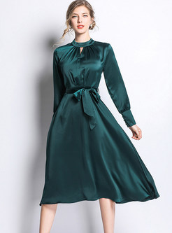 Brief Solid Color Standing Collar Hollow Out Skater Dress