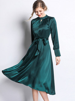 Brief Solid Color Standing Collar Hollow Out Skater Dress