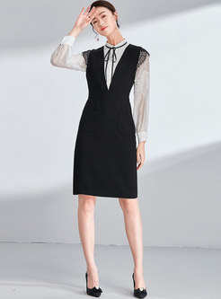 Stylish Black V-neck Lace Splicing Sleeveless Sheath Dress
