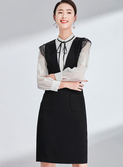 Stylish Black V-neck Lace Splicing Sleeveless Sheath Dress