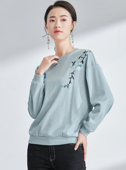 Casual Embroidered O-neck Loose Sweatshirt