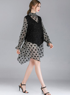 Chic Splicing Dot Stand Collar Asymmetric Shift Dress