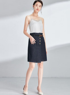 Brief Denim High Waist Belted Mini Skirt