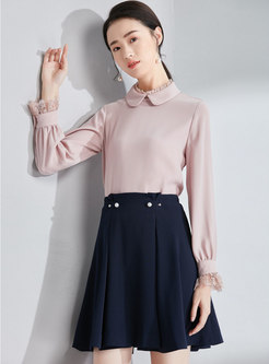 Lace Splicing Lapel Flare Sleeve Pullover Chiffon Blouse