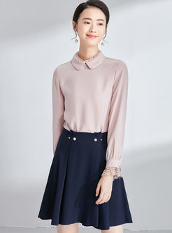 Lace Splicing Lapel Flare Sleeve Pullover Chiffon Blouse