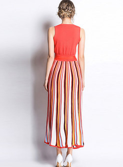 Color-blocked V-neck Sleeveless Splicing Striped Maxi Dress