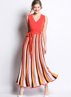 Color-blocked V-neck Sleeveless Splicing Striped Maxi Dress