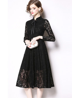 Solid Color Standing Collar Bowknot Lace Skater Dress