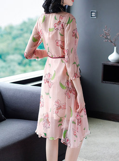 O-neck Three Quarters Sleeve Perspective Silk Dress With Sling