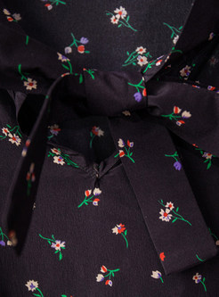 Trendy Bowknot Tied Long Sleeve Falbala Floral Silk Dress