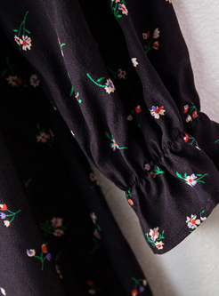 Trendy Bowknot Tied Long Sleeve Falbala Floral Silk Dress