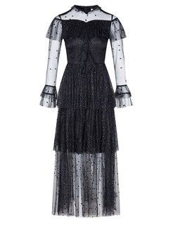 Sexy Perspective Mesh O-neck Sequined Beaded Falbala Dress
