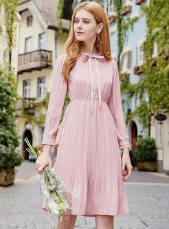 Sweet Pink Tie-collar High Waist Pleated Dress