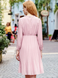 Sweet Pink Tie-collar High Waist Pleated Dress