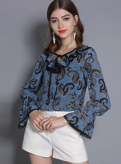 O-neck Tied Flare Sleeve Print Blouse