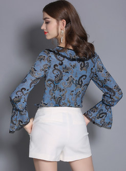 O-neck Tied Flare Sleeve Print Blouse