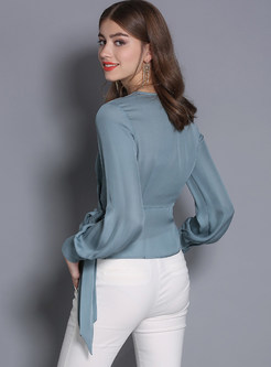 Solid Color V-neck Long Sleeve Bowknot Silk Blouse