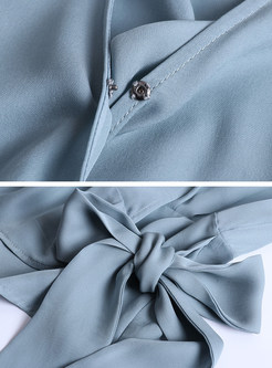 Solid Color V-neck Long Sleeve Bowknot Silk Blouse