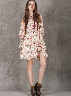 Fashion Standing Collar Long Sleeve Floral Mini Dress