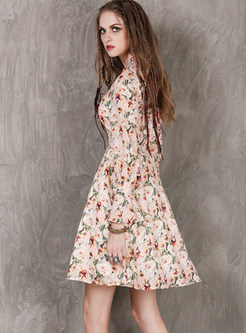 Fashion Standing Collar Long Sleeve Floral Mini Dress