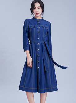Standing Collar Single-breasted Mid-claf Denim Dress