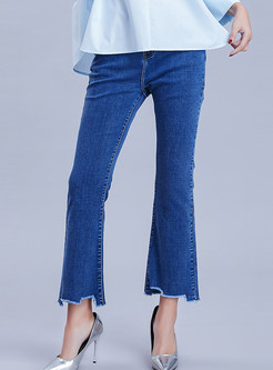 Fashion Solid Color Mid-waist Rough Selvedge Flare Pants