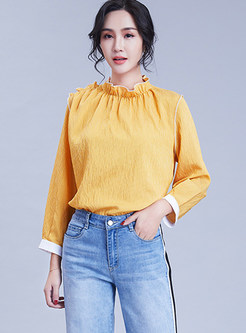Trendy Striped Pleated Standing Collar Loose Blouse