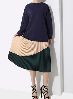 Casual Color-blocked Long Sleeve Splicing Pleated Dress